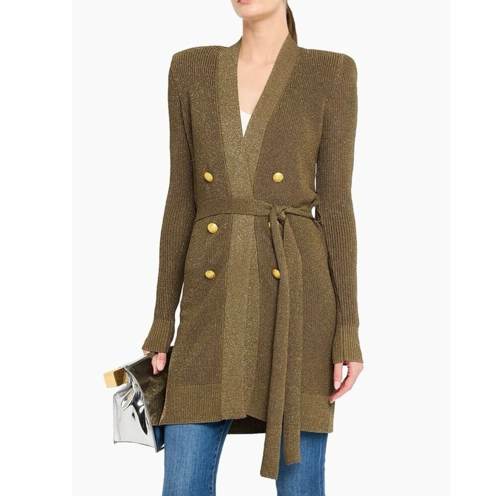 NWT L’AGENCE Noe Double-Breasted Cardigan in Metallic Green Sz L